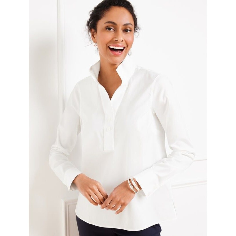 Talbots Shirt Womens Large White Non-Iron Popover Shirt Long Sleeve Stretch